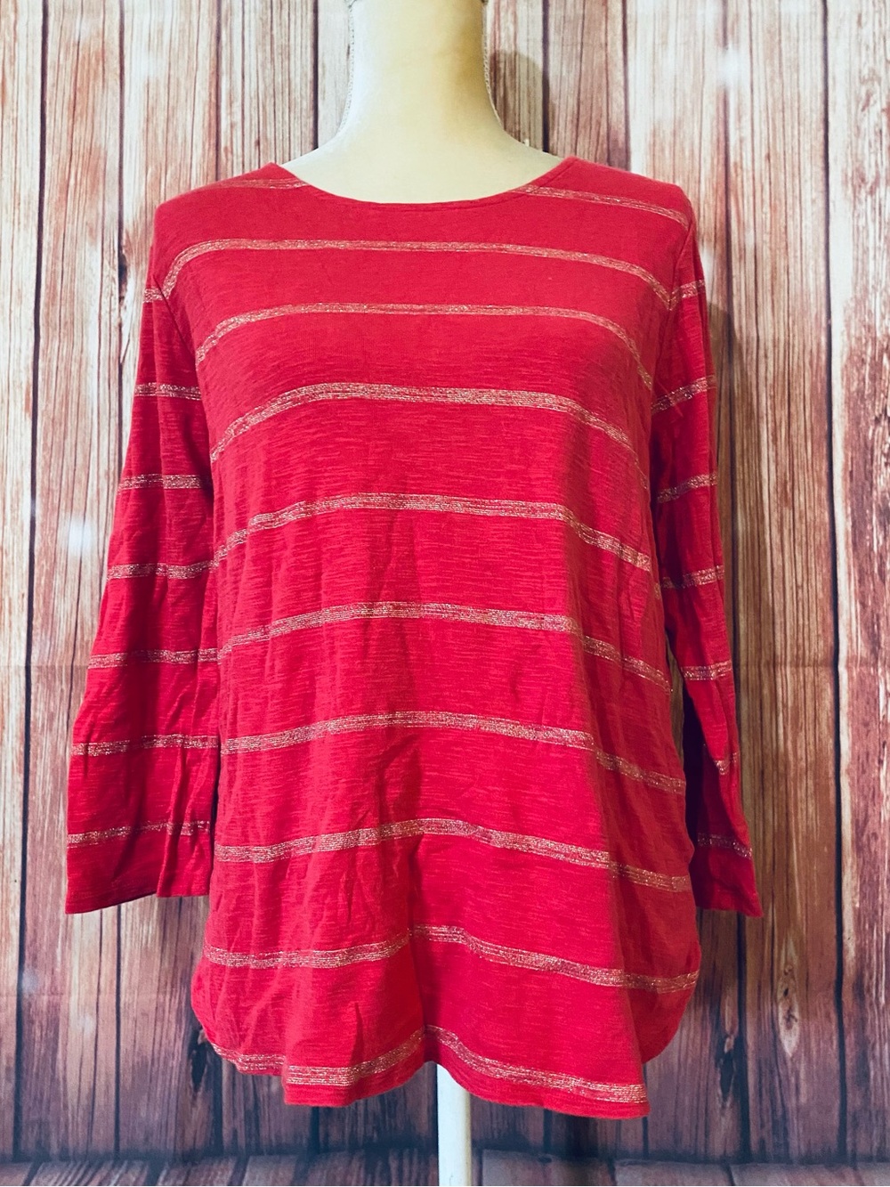Women’s Large Blouse Tommy Bahama Red Gold Glittered Striped 3/4 Sleeves Soft